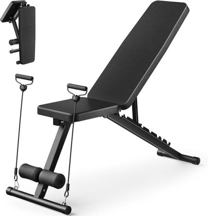 adjustable weight bench for home gym, foldable workout bench for full body fitness dumbbell exercise, 600lbs incline decline flat bench with resistance bands for strength training
